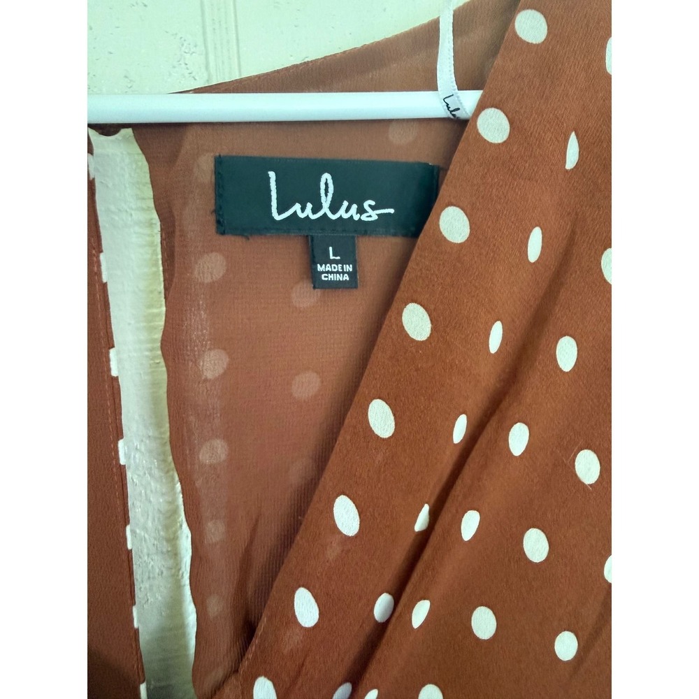 Lulus Rust Brown Polka Dot Long Sleeve Ruffle Mini Dress NWT - Picture 3 of 5